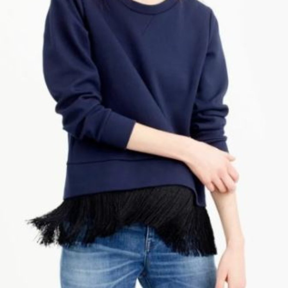 J Crew Fringed Hem Dark Navy Blue Sweatshirt Medium EUC